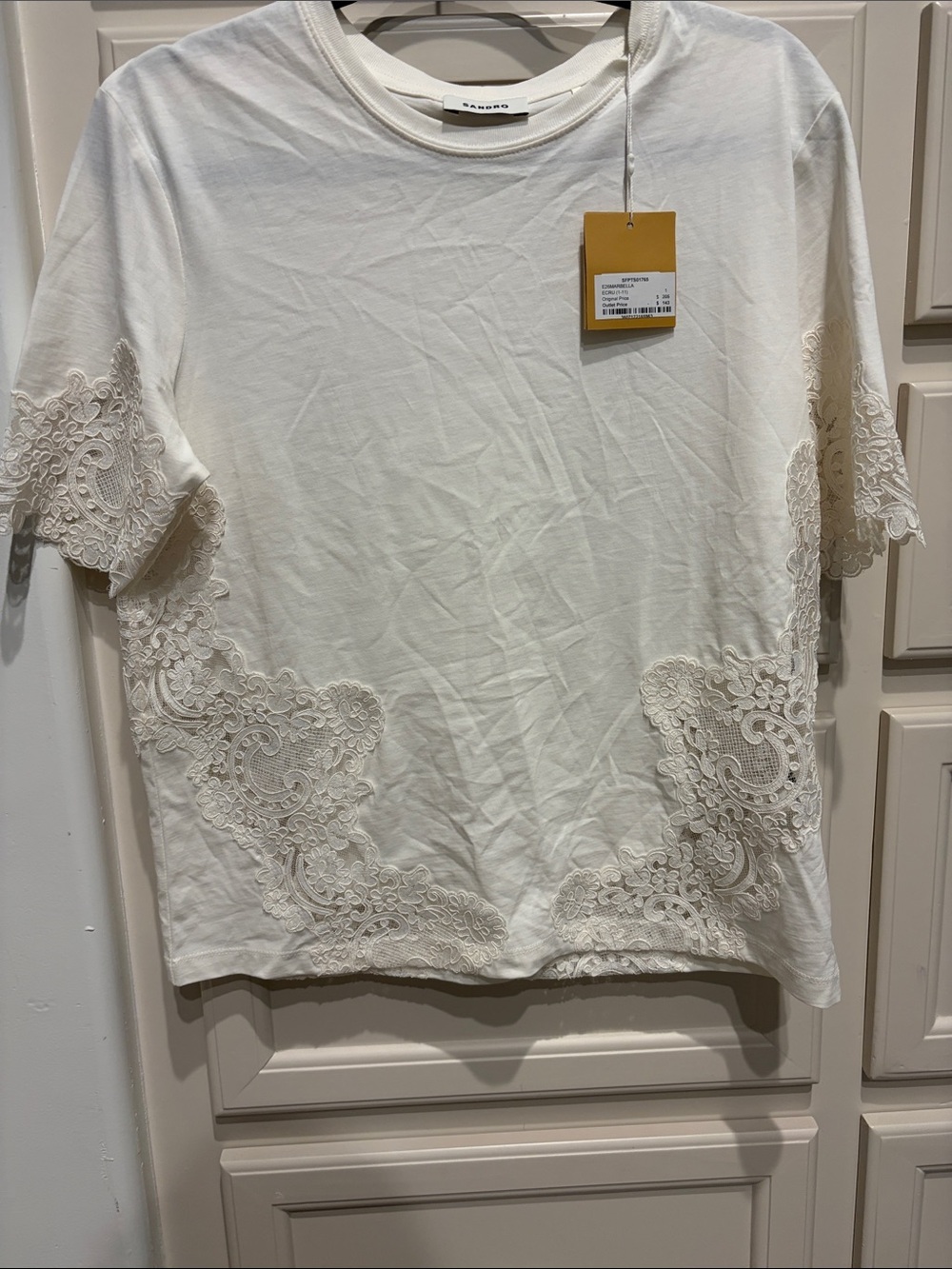 Nanushka Cream Short Sleeve Tee with Lace Appliqué